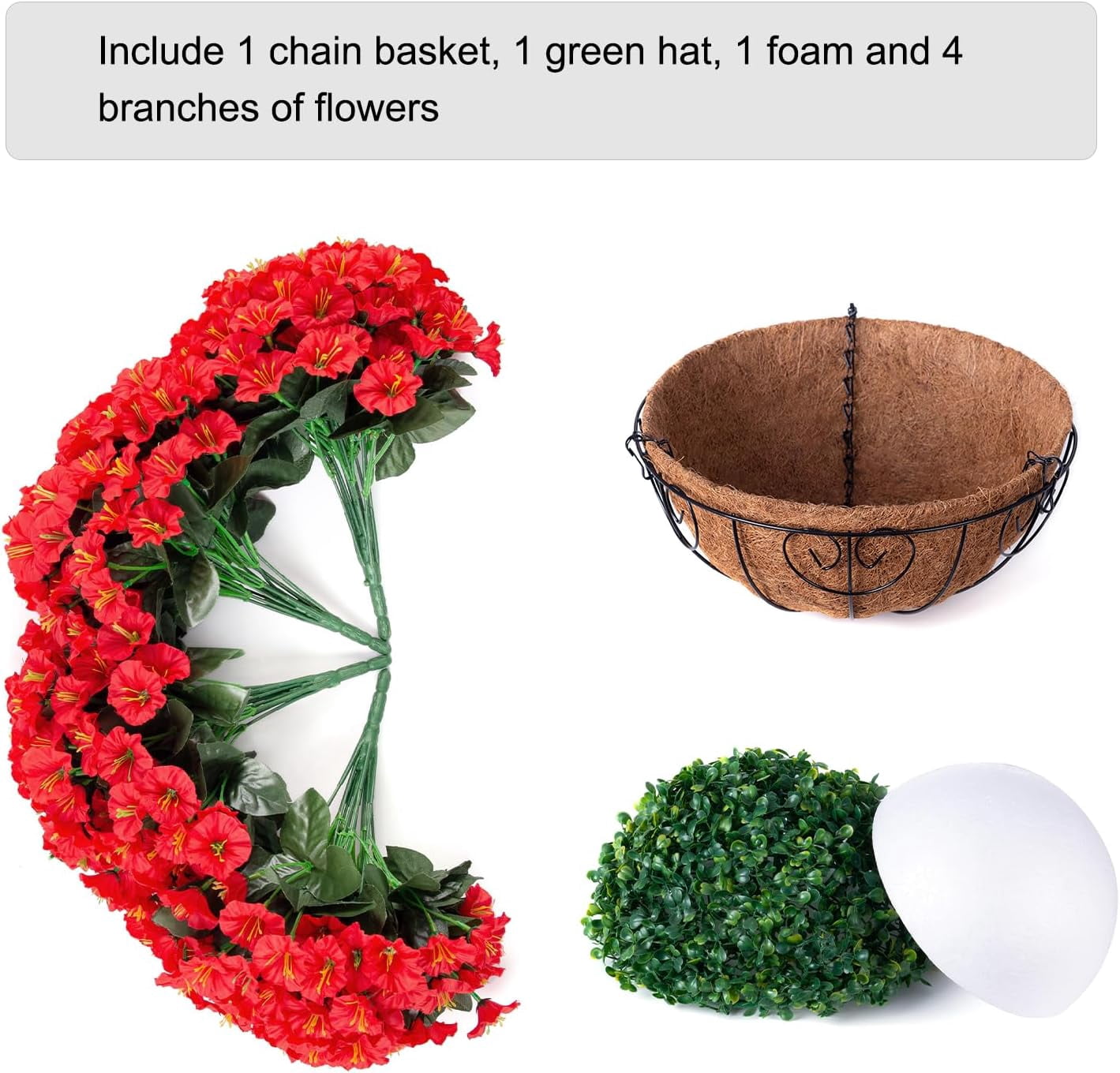 Artificial Fake Hanging Flowers Plants Baskets for Outdoor Outside Summer Decoration, Faux Silk Red Morning Glory in Planter UV Resistant Realistic for Home Porch Patio Balcony Garden Yard