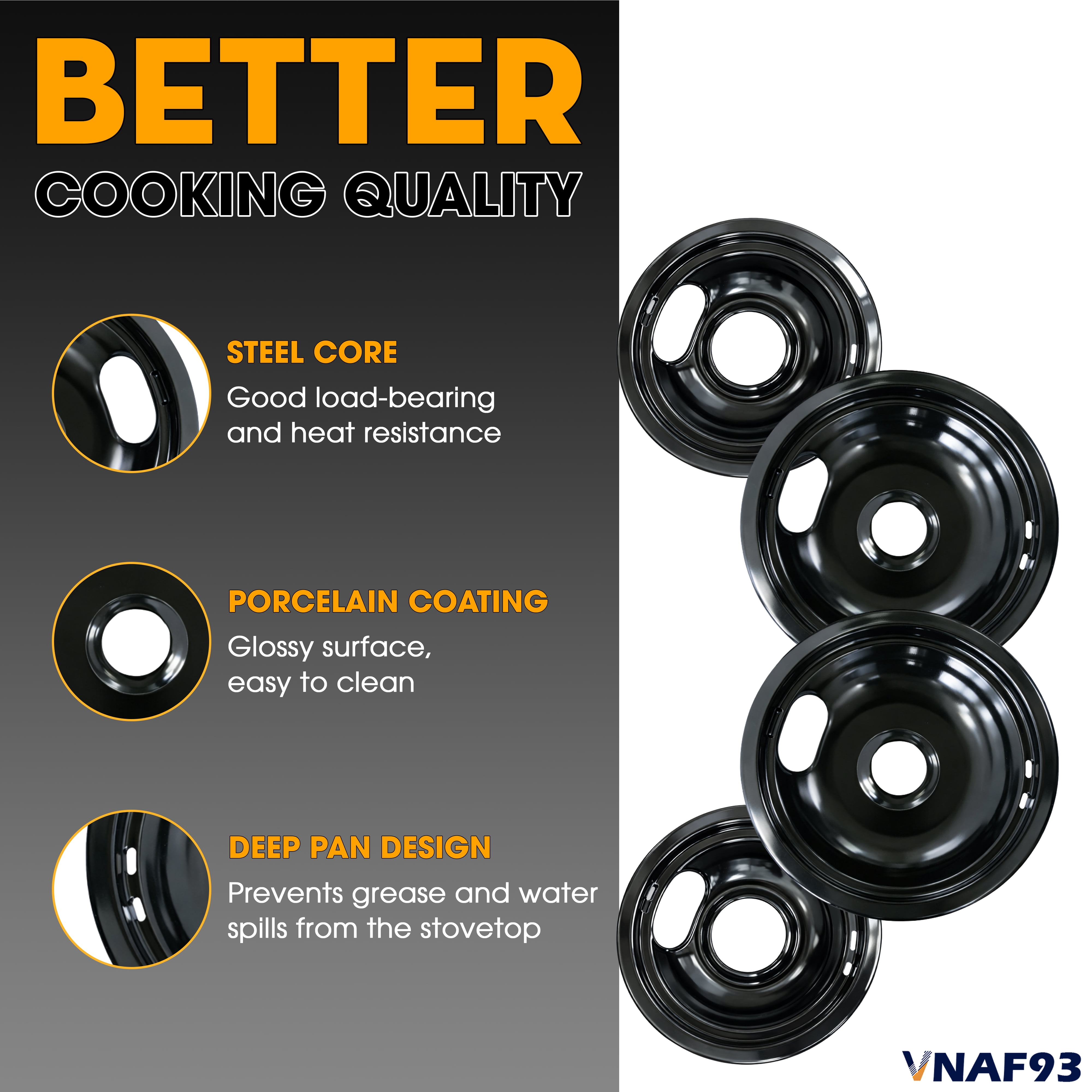 VNAF93 Upgraded Black Porcelain Drip Pans Set 4 Pack 318067041 & 318067051 Replacement for Frigidaire Electric Range Stove Burner for 5304430149, 5304430150 Includes 2 8-Inch and 2 6-Inch Pans