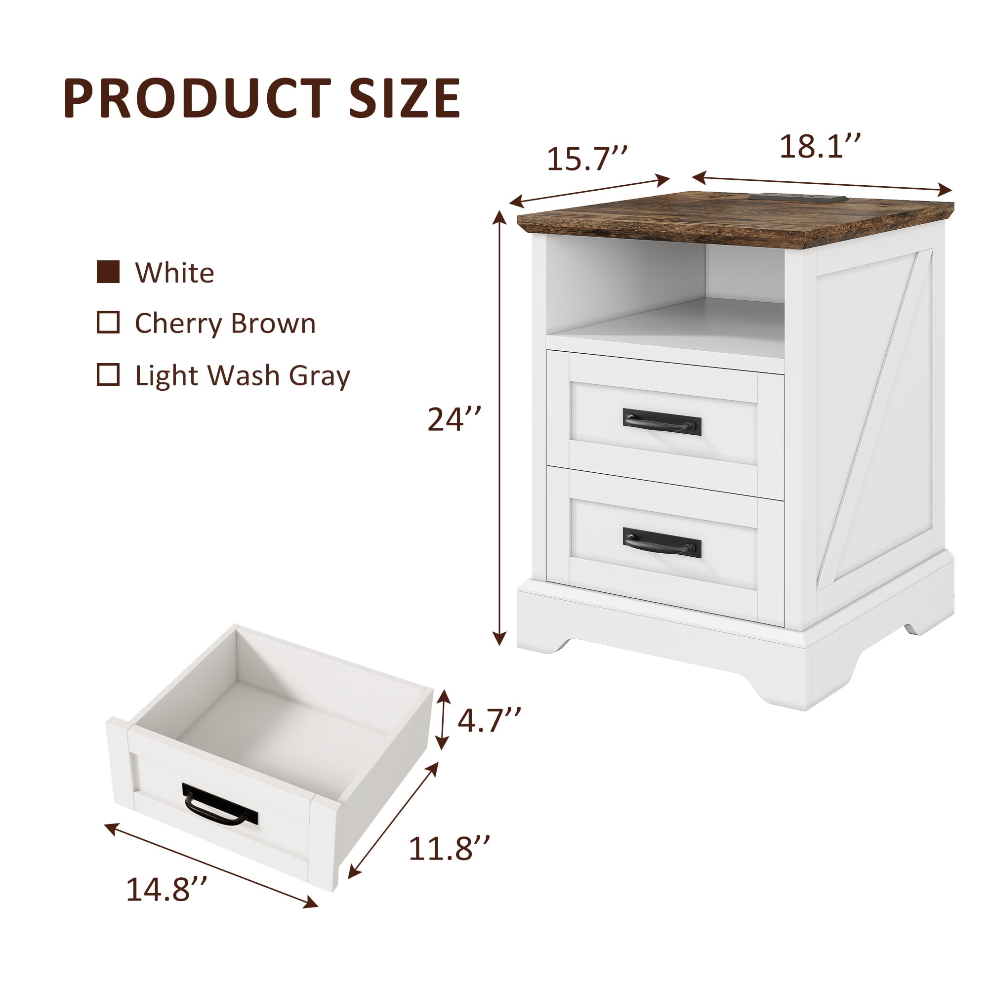 Nightstand with Charging Station, 18'' Farmhouse Bedroom Side Table, Modern End Table, White