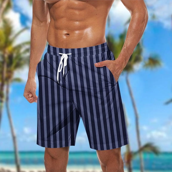 CQONEPT Men's Summer Beach Pants Casual Loose Fit Shorts Drawstring Striped UPF 50 Workouts Shorts with Pockets Dark Blue 2XL