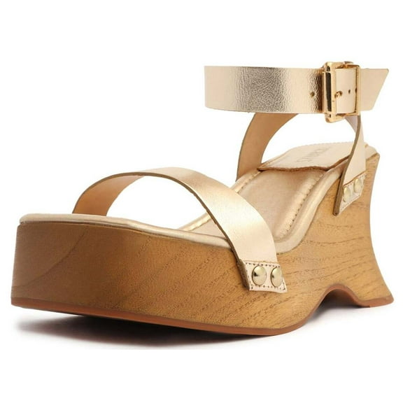 Schutz Lansy Platina Gold Buckle Ankle Strap Wooden-Sole Wedges Style Sandals