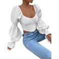 thumbnail image 4 of Franhais Women's Solid Color Crop Tops, Elegant Long Puff Sleeve Strappy Backless Tight T-Shirts, 4 of 7