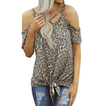 Front Row Leopard - STARVNC Women V Neck Short Sleeve Cold Shoulder Front Knot Leopard Tops Shirts