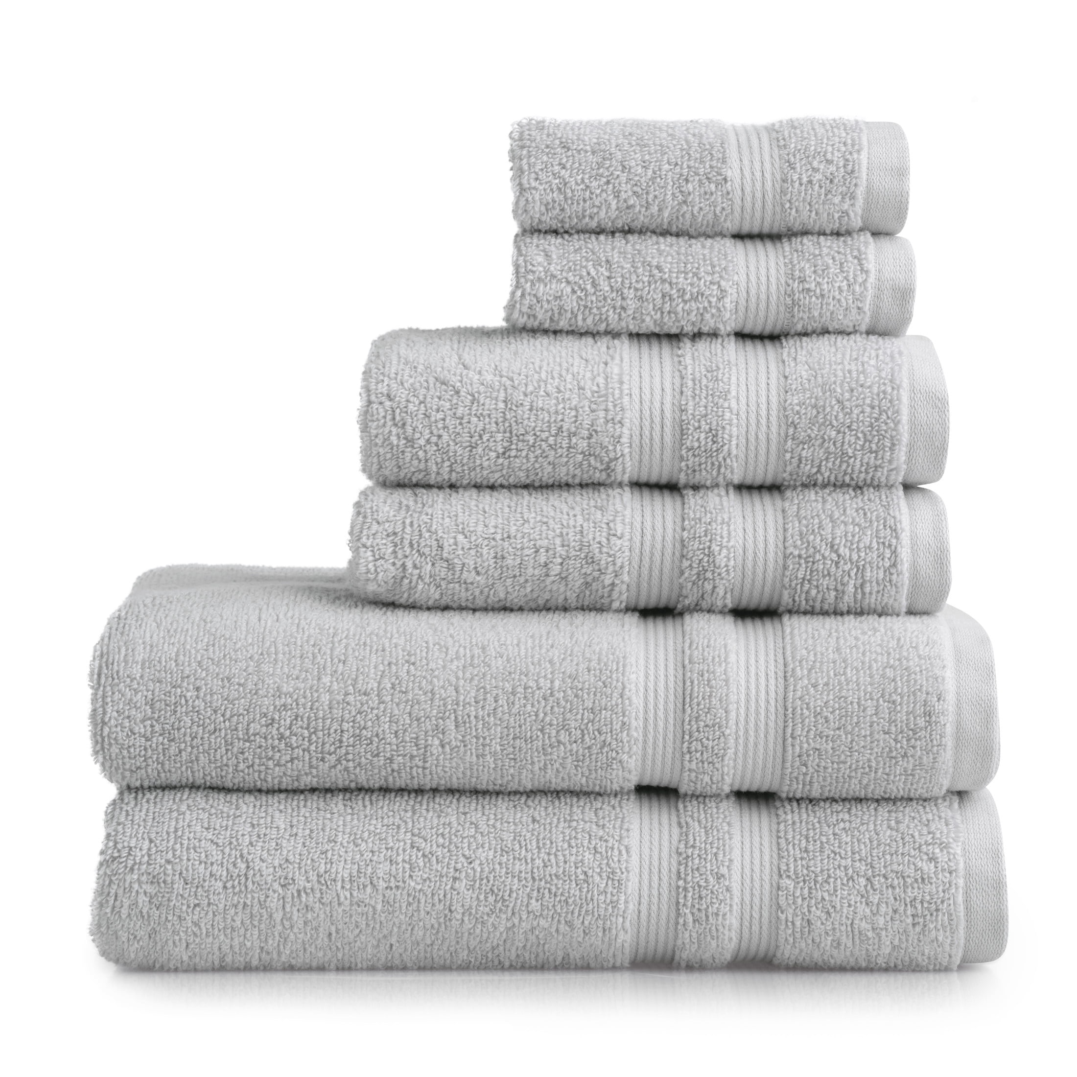 Mainstays Performance Cotton 6-Piece Bath Towel Set, Super Soft Quick Dry Fade Resistant, Solid Silver