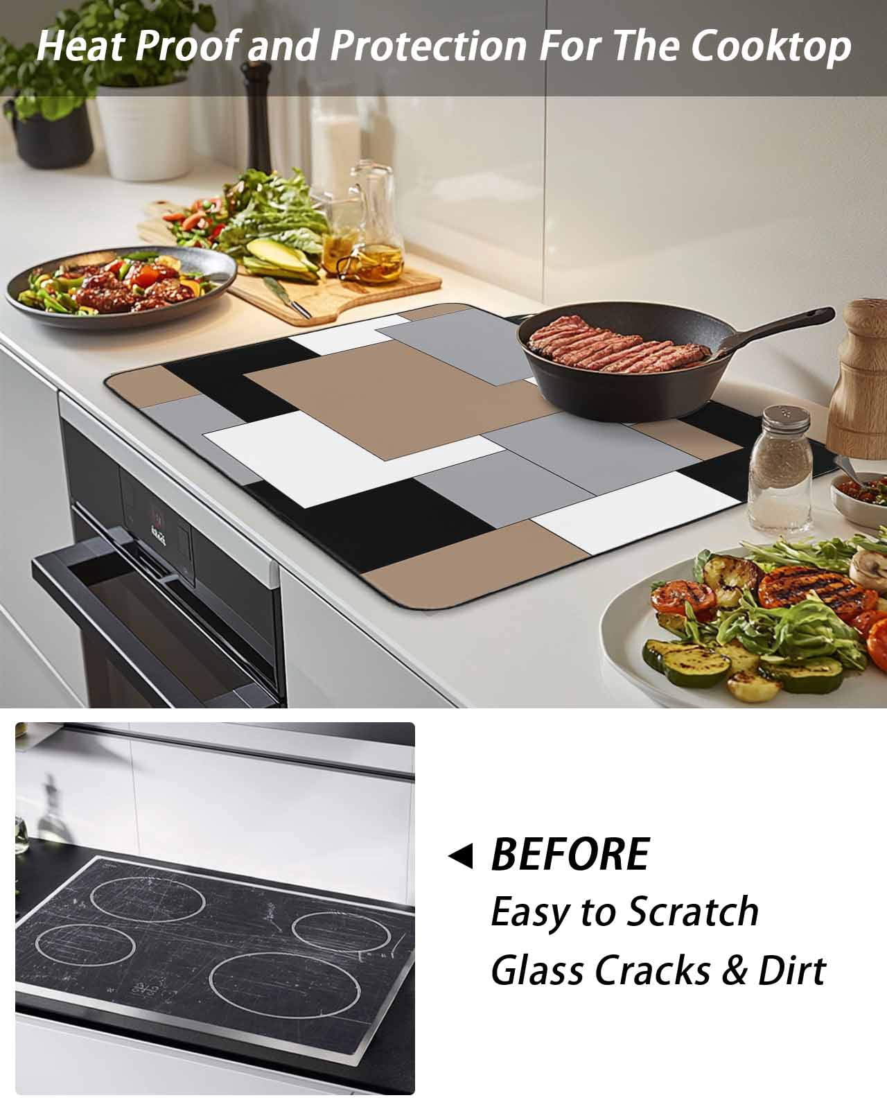Stove Top Covers for Electric Stove, Brown Black Grey Glass Stovetop Cover Protector, Middle Century Irregular Geo Abstract Art Induction Cooktop Protector Oven Mat for Kitchen Countertop 24"x21"
