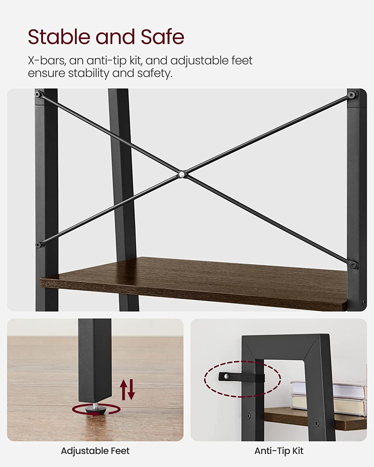 ALINRU Ladder Shelf 4-Tier Bookshelf Storage Rack Shelves Bathroom Living Room Rustic Dark Brown and Black
