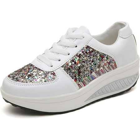 

Sequined Wedge Platform Sneakers for Womens Comfort Shiny PU Lace-up Tennis Sneakers Orthotic Lightweight Non Slip Athletic Running Sport Shoes