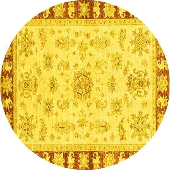 Ahgly Company Machine Washable Indoor Round Oriental Yellow Traditional Area Rugs, 7' Round