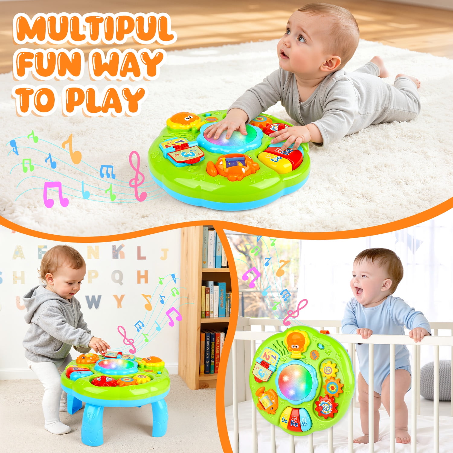 Carsky Baby Musical Activity Table, Light & Sound Learning Drum Toy with Piano, Flip Book & Animal Mirror, Multifunction Toddler Play Center for 6-24 Months Boys Girls Birthday ChristmasToy Gifts