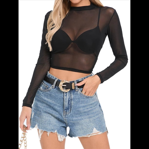 Tops de de Larga para Mujer, Camisetas Transparentes, Blusa de Encaje para Fiestas y Clubes Nocturnos Cuello Medio Negro XXL