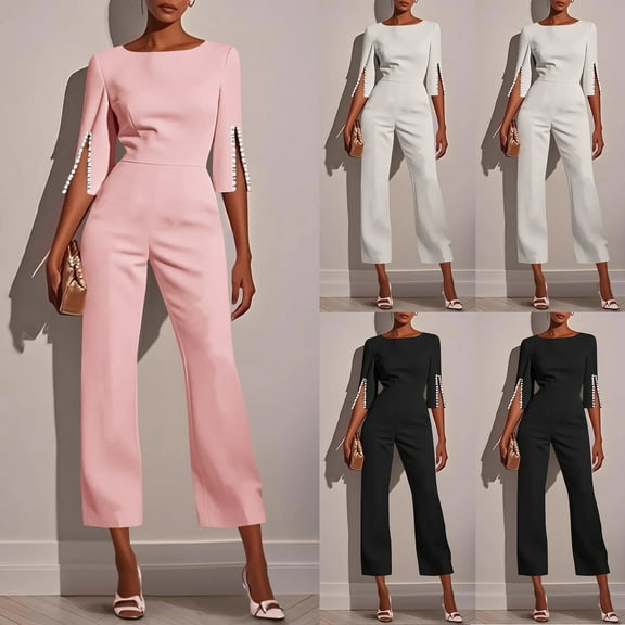DUMUIELD Women 3/4 Sleeve Elegant Jumpsuits Business Formal Party Straight Leg Long Pants Rompers with Pockets Pink,L