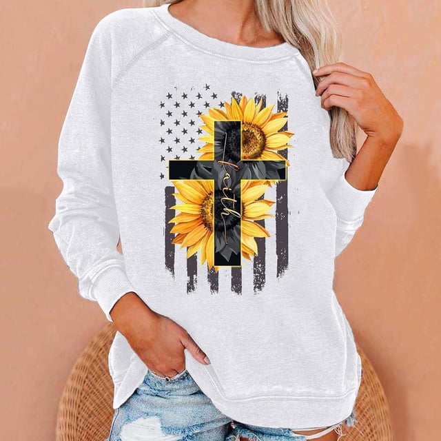 Qiopertar Mode Femmes T-Shirt à Manches Longues Col Rond Imprimé Chandail en Molleton Blouse Hauts Liquidation Livraison Gratuite à Moins de 5$ jusqu'à 90 % de Réduction