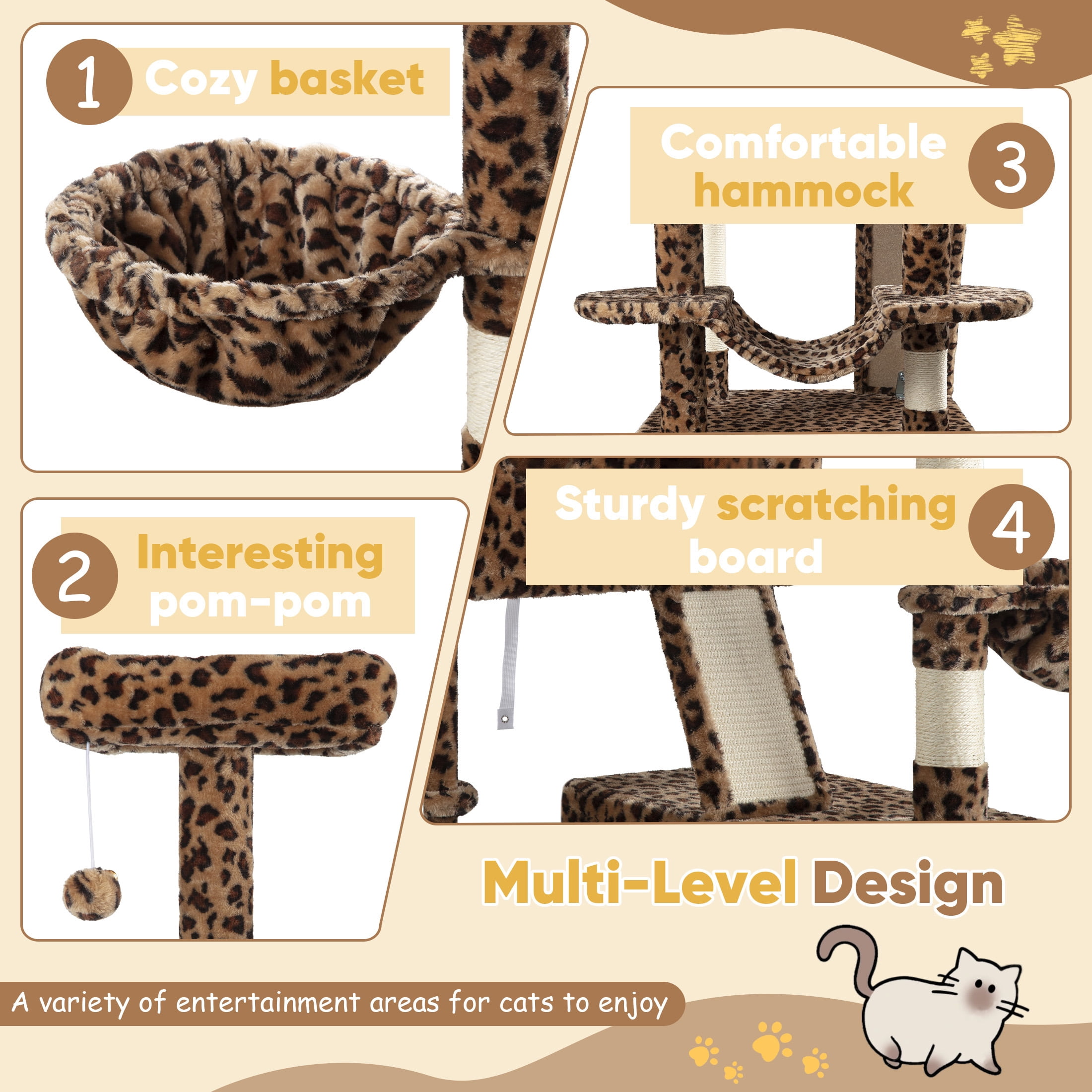 Einfach 65.7" Large Cat Tree and Tower for Cats, Condo House with Hammock, 2 Scratching Boards & 5 Scratching Posts, Leopard Print