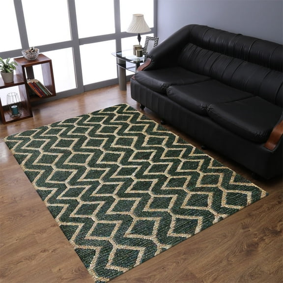 Hand Knotted Sumak Jute Eco-Friendly Area Rugs - 3'X5', Rectangle Shape, Green Beige Color, Geometric Pattern, High Pile, Natural Fiber, Outdoor Indoor Handmade Area Rugs For Living Room (J00018)