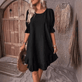 thumbnail image 4 of Vestido Corto Holgado con Mangas Abullonadas, Bajo con Volantes, Cuello Redondo y Fruncido, Color Negro, Talla XL, 4 of 10