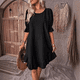 thumbnail image 4 of Vestido Corto Holgado con Mangas Abullonadas, Bajo con Volantes, Cuello Redondo y Fruncido, Color Negro, Talla XL, 4 of 10