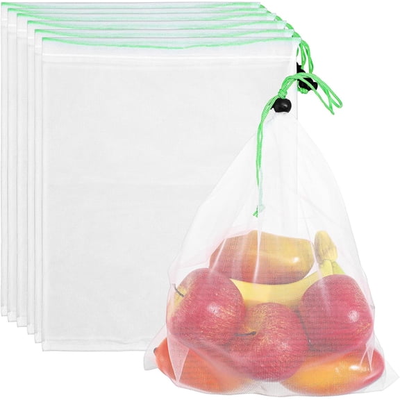 6pcs Reusable Fruit Netting Bags Drawstring Mesh Produce Bags 30x35cm Polyester Breathable Storage for Fruit and Vegetable Protection