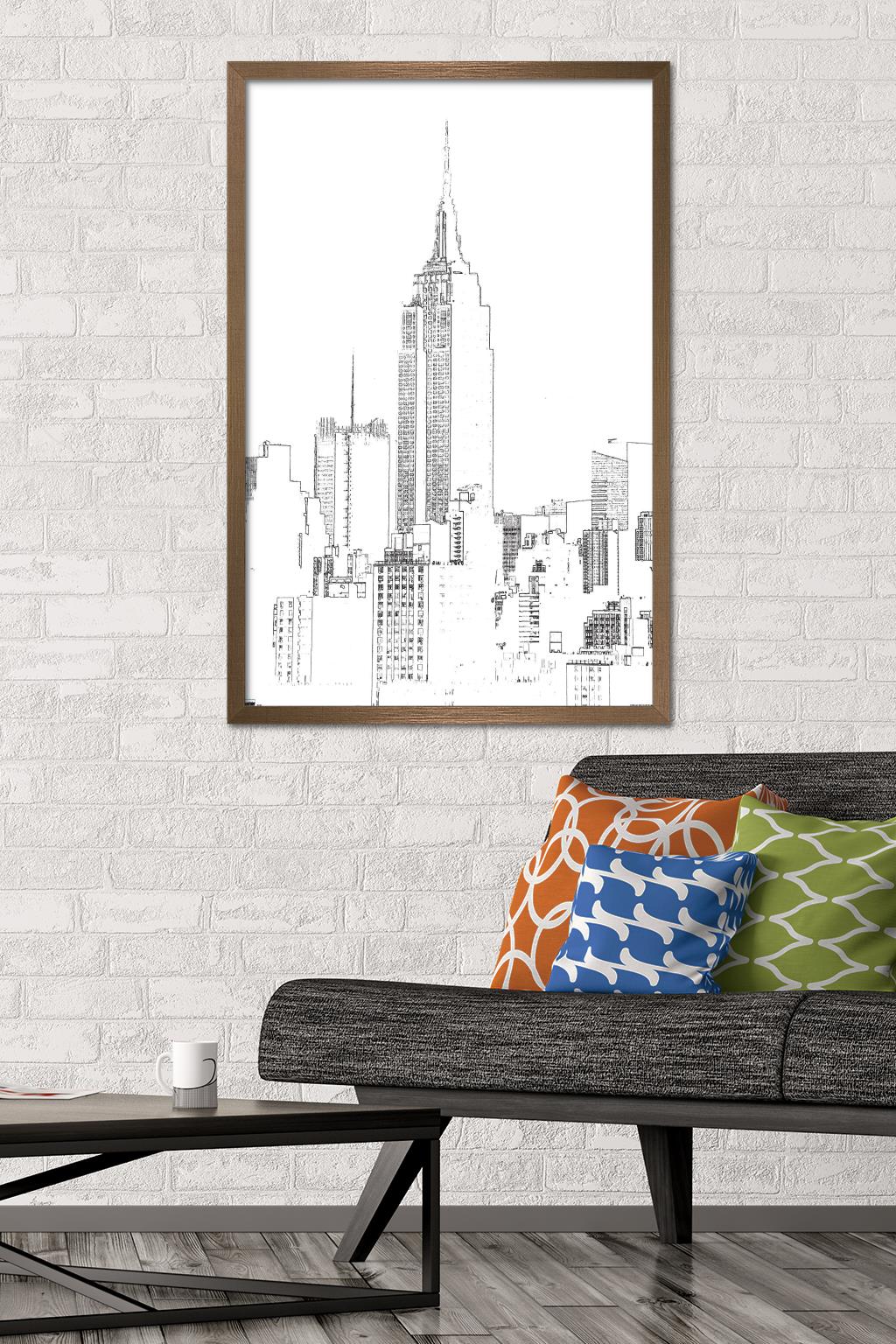 Line Art - New York Skyline Wall Poster, 22.375" x 34", Framed