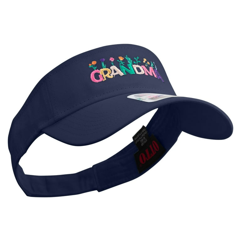 Grandma with Flowers Embroidered Cotton Twill Sun Visor - Navy