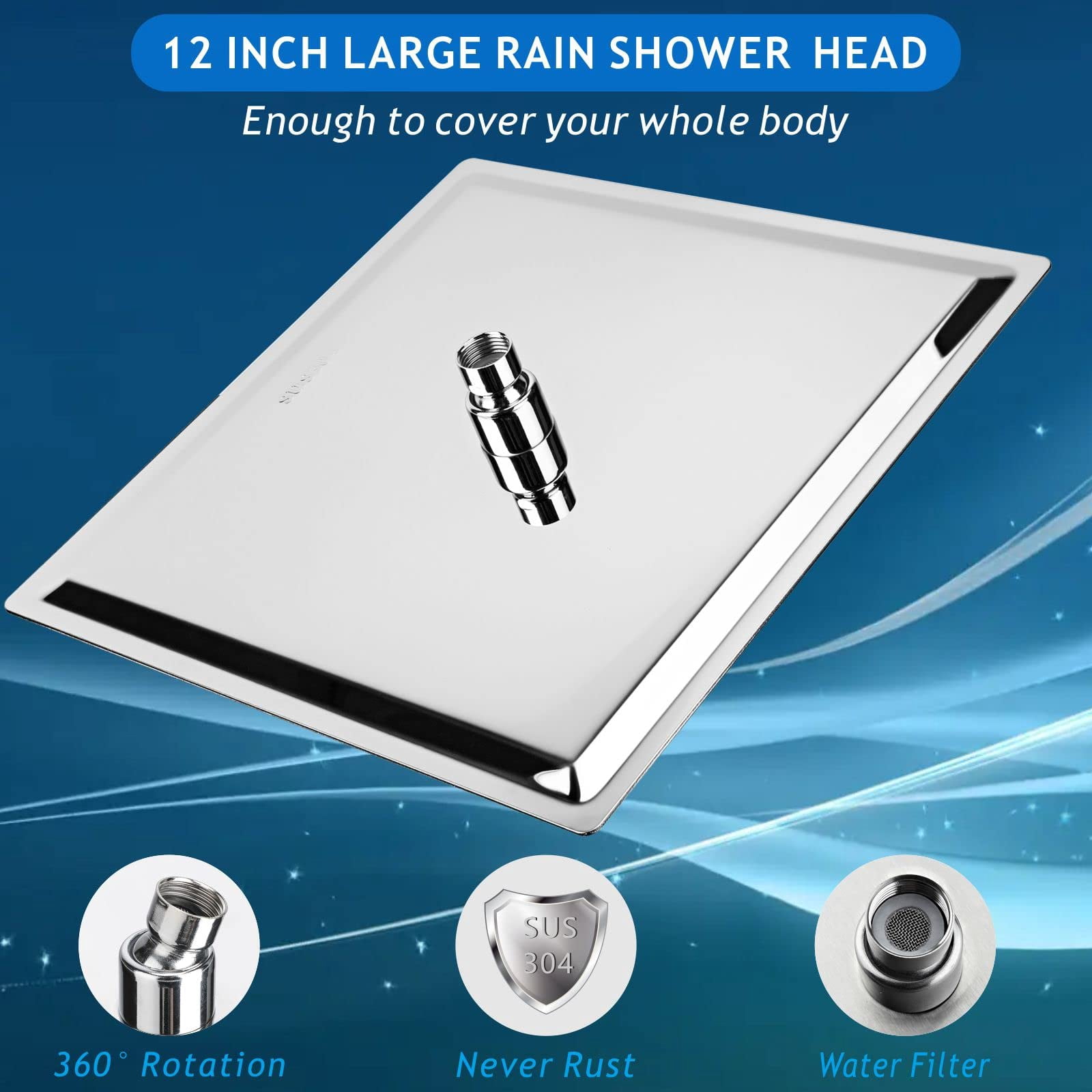 Rain Shower Head - High Flow Large Rainfall Heads Made Of Stainless Steel Waterfall Bathroom Square Showerhead Ceiling Or Wall Mount (12" Chrome)
