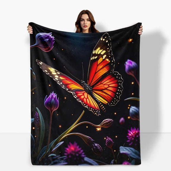Butterfly Flower Black Orange Themed Cozy Fleece Blanket Soft Warm Comfortable For Sofa Bed Travel Camping Living Room Office Chair Polyester Gift For Family Or Friends