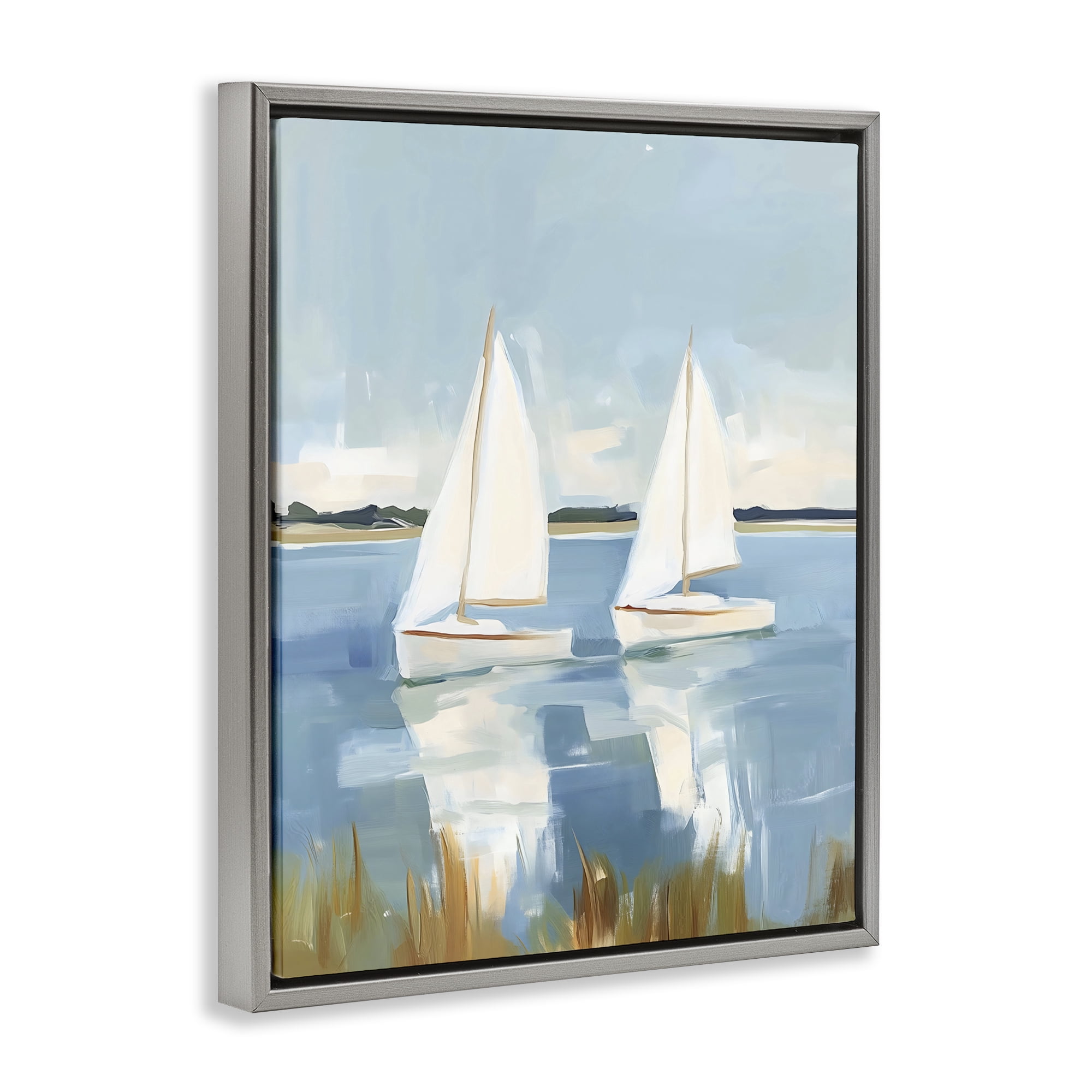 Stupell Industries Twin Sailboats By Shore Gray Framed Floater Canvas Wall Art, design by The Prints Vibe