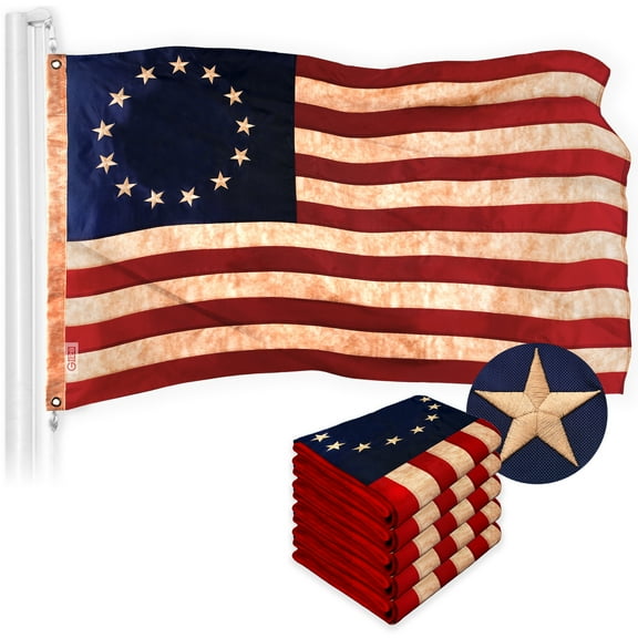 G128 - 5 Pack: Betsy Ross Tea Stained Flag 1x1.5FT Embroidered Polyester