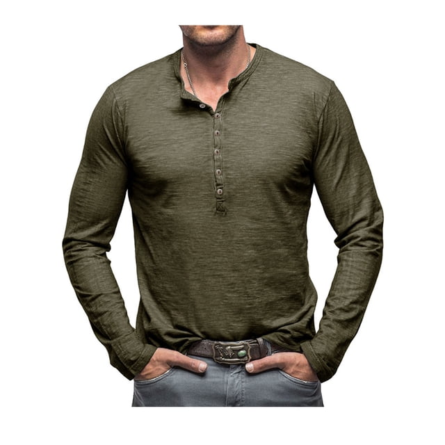 SUNSIOM Men's Spring Autumn Casual T-shirt Solid Color Long Sleeve Crewneck Button Up Tops