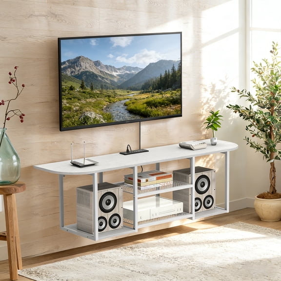 Floating TV Stand with Power Outlet for 20‑60 Inch TVs, Wall Mounted Media Console with Open Storage Shelves, Modern Entertainment Center for Living Room, Bedroom – White