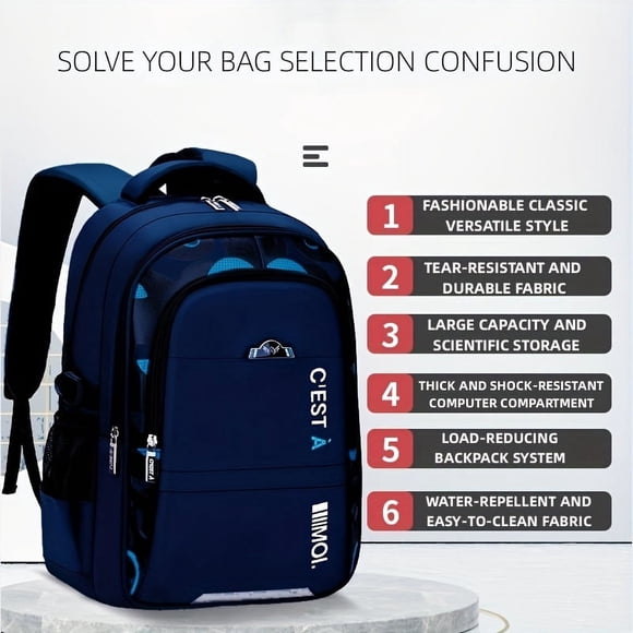 Sac à Dos Grande Capacité pour le Quotidien et le Voyage, Sacs d'École pour Étudiants, Sac à Double Bretelles Ajustable, Élargi et Épaissi, Sac à Fermeture Éclair pour Sports de Plein Air, Sac pour Ordinateur Noir/bleu, Protection Légère de la Colonne Vertébrale, Respirant, Imperméable, Réduction de Charge