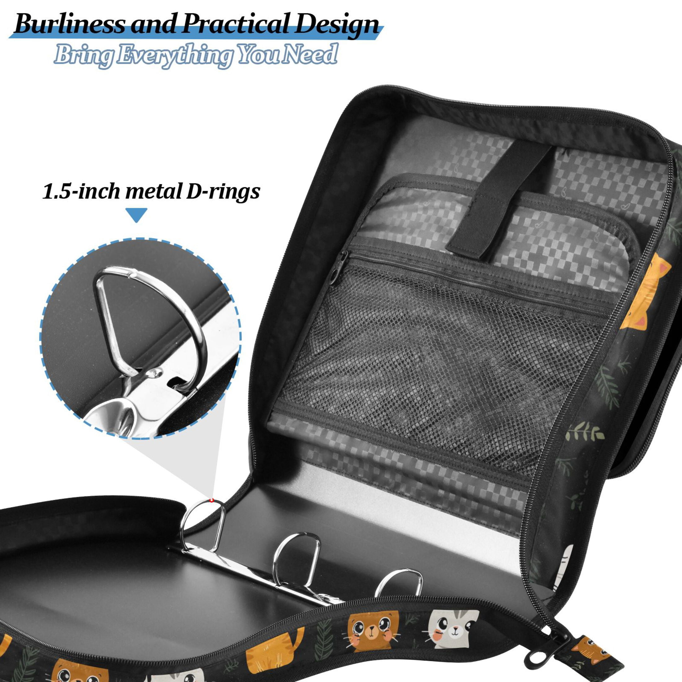 Zipper Binder Cats and Weeds 1.5 Inch Binder Folder Bag with Shoulder Strap and Handle