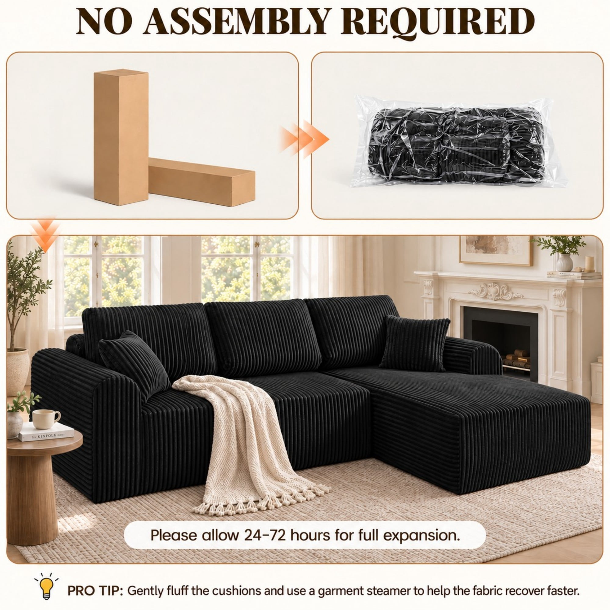 DEALTOPS 109" Corduroy L-Shape Floor Cloud Couch, Deep Seat Modular Sectional Sofa, Right Chaise, Black