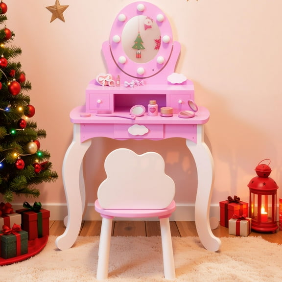 Paproos Kids Vanity with Mirror and Lights, Wood Girls Vanity Set with Drawers & Stool, Princess Toddler Dressing Table, Pretend Play Kids Makeup Vanity Table for Little Girls Aged 3 , Pink