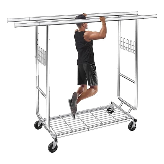 Heavy Duty Clothes Rack Load 620 Lbs, Double Rod Rolling Clothing Rack With Sturdy Wheel And Shelves，Adjustable Portable Hanging Rack For Clothes,Silver Stainless Steel