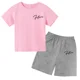 thumbnail image 3 of Conjunto de 2 piezas de camiseta y pantalones cortos informales con estampado de letras para niños y adolescentes a la moda para verano, 3 of 5
