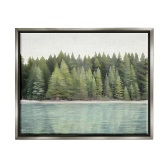 Stupell Industries Woodland Lake Shore Landscape Painting Gray Floater Framed Canvas Art Print Wall Art, 21 x 17
