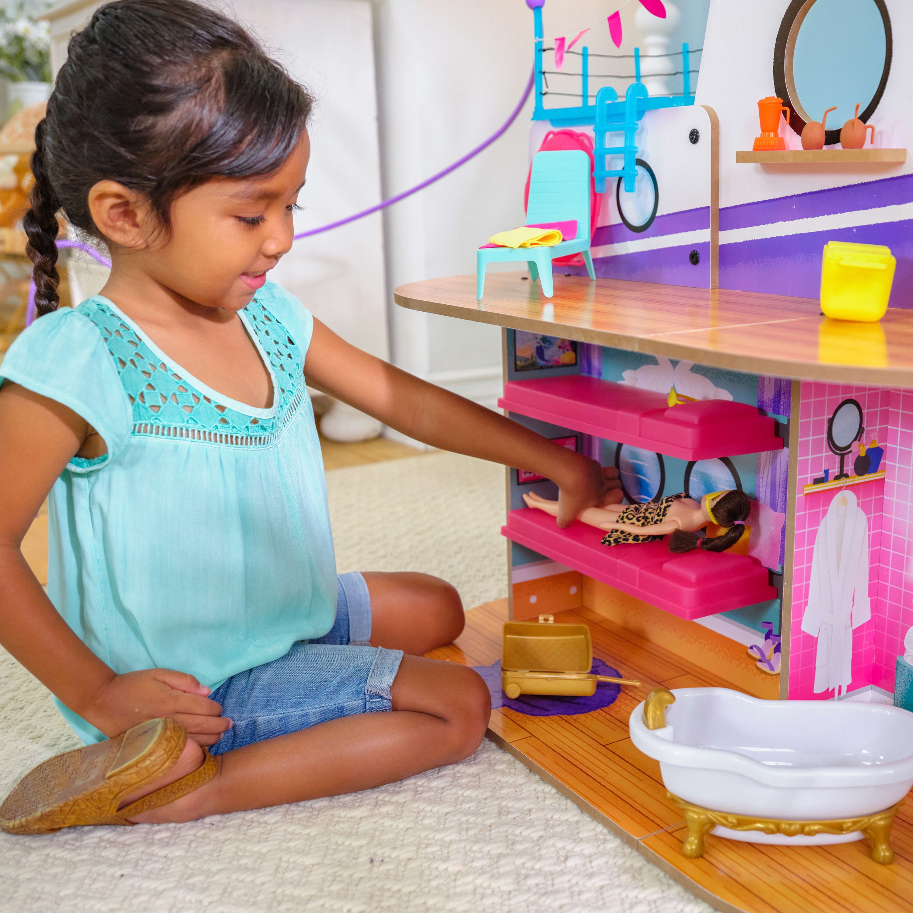 KidKraft Luxe Life 2-in-1 Wooden Cruise Ship and Island Doll Play Set with 18 Accessories