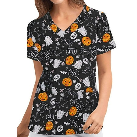 

Calzi Womens Nursing Tops Halloween Graphic Tee Shirt Short Sleeve Tunic Scrub Top Shirts
