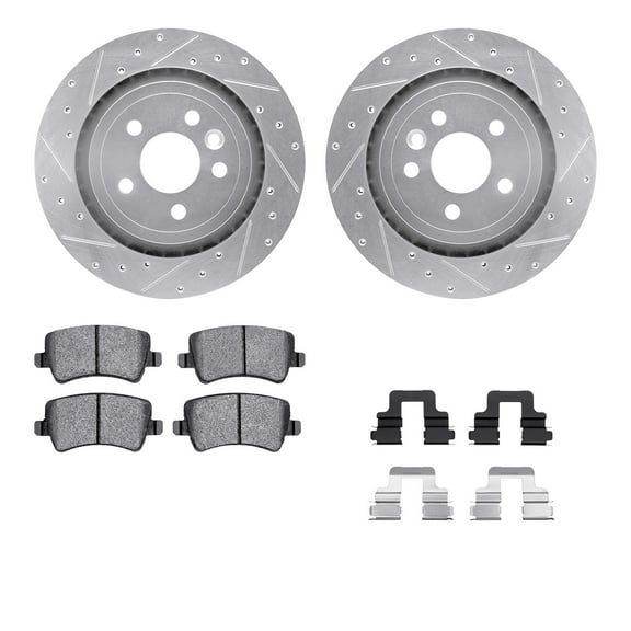 Dynamic Friction Company Rear Brake Rotors-Drilled and Slotted-Silver with 5000 Advanced Brake Pads includes Hardware 7512-27047