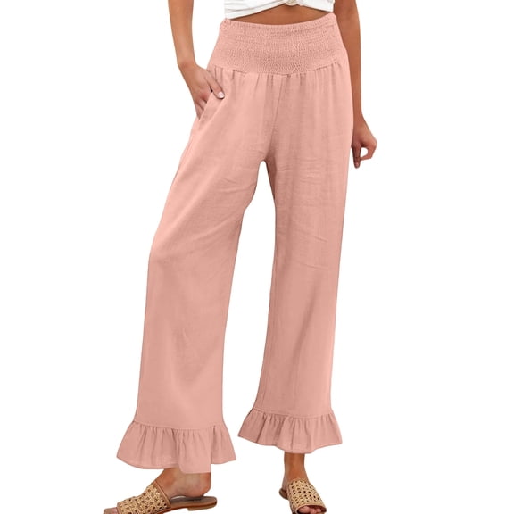 Lumtrix Women Linen Pants Dressy Casual Summer Boho Ruffle Hem Wide Leg Cropped Pants Smocked High Waisted Palazzo Pants Pink S