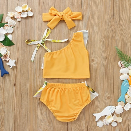 

Gubotare Toddler Summer Girls Bowknot Flower Printed Ruffles Two Piece Swimwear Swimsuit Bikini With Headband Medium Swimsuit Yellow 3-6 Months