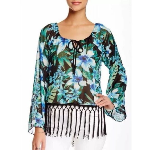 Romeo and Juliet Couture BLUE Women's Floral Print Woven Fringe Top, US Small