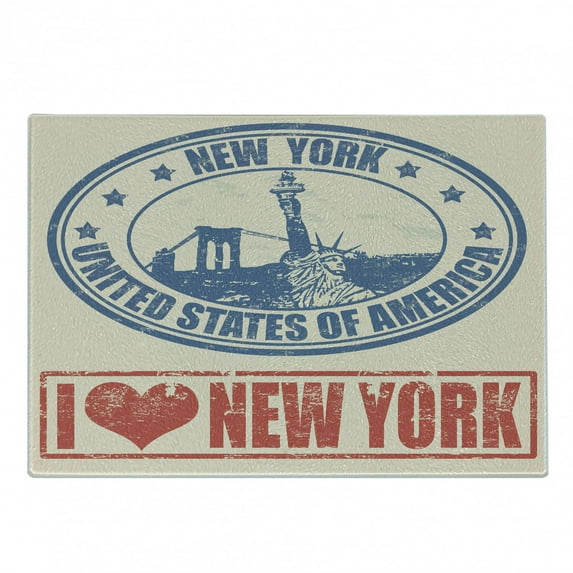 Retro Poster Cutting Board, Vintage I Love New York with of Liberty Grunge Rubber Stamps Design, Decorative Tempered Glass Cutting and Serving Board, Small Size, Blue Orange, by Ambesonne
