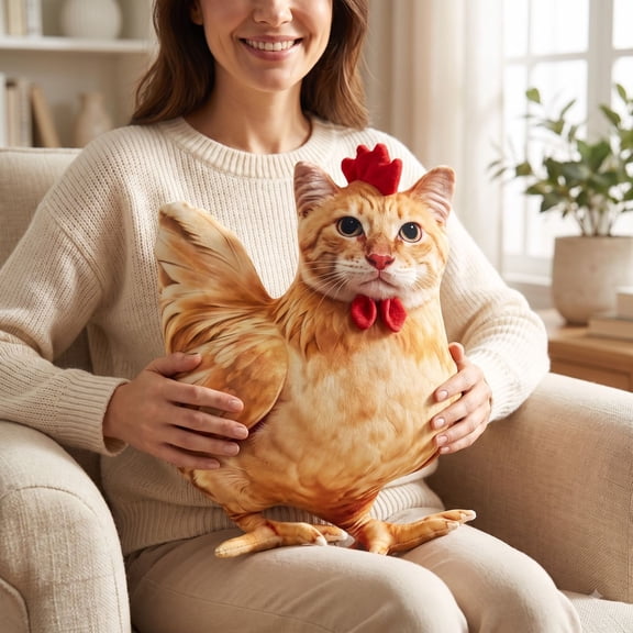 Funny Cat Chicken Plush Pillow, Quirky Orange Tabby Head on Chicken Body Design, Soft Cotton Stuffed Throw Cushion for Sofa Bed Office, Humorous Conversation Starter Gift for Teens