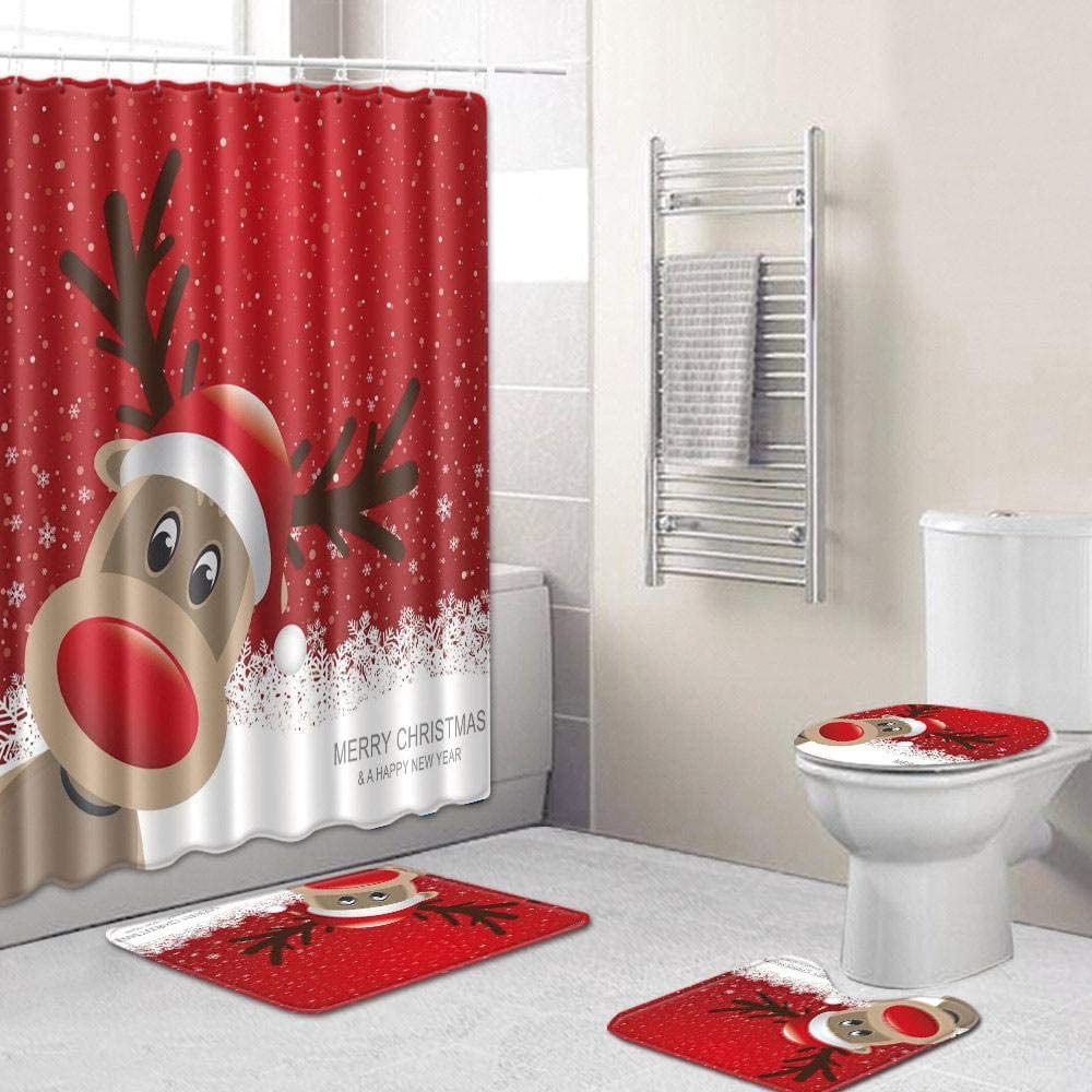 4PCS/Set Christmas Bathroom Non-Slip Toilet Cover Bath Mat+Shower Curtain 