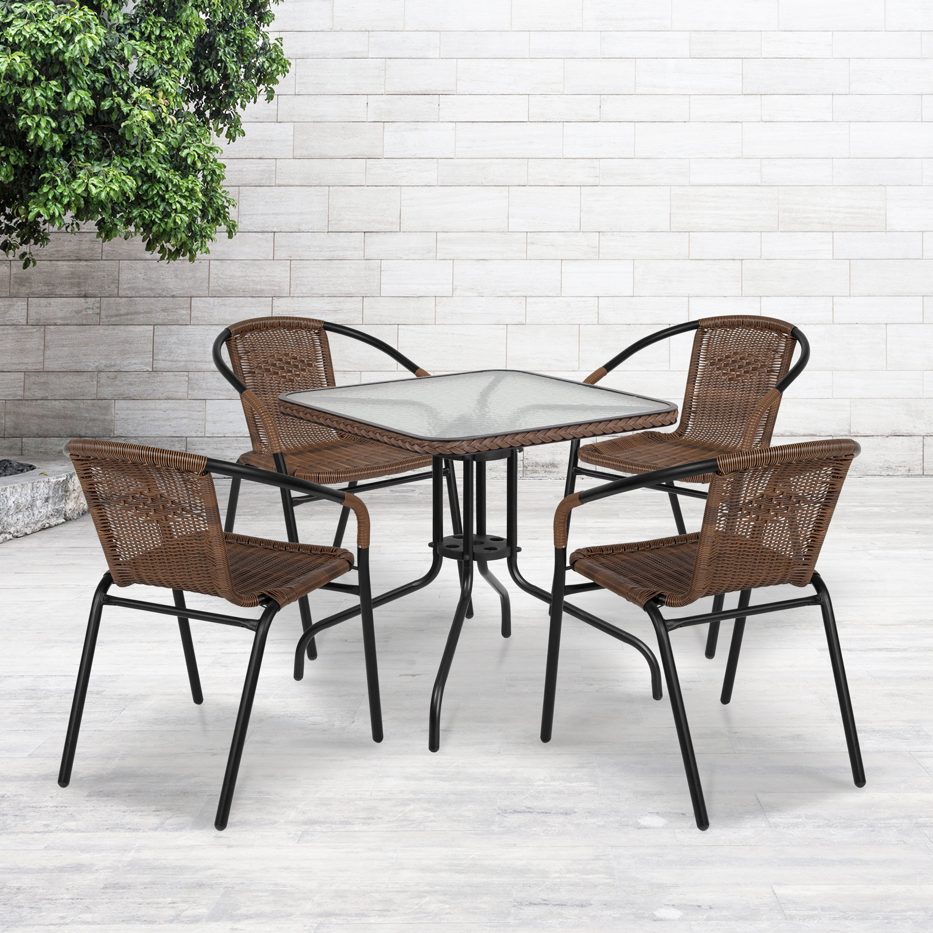 28'' Sqaure Indoor-Outdoor Restaurant Table Set with 4 Gray Rattan Chairs