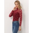 thumbnail image 2 of Allegra K Blusa de encaje floral transparente con cuello simulado de manga larga para mujer borgo?a M, 2 of 6