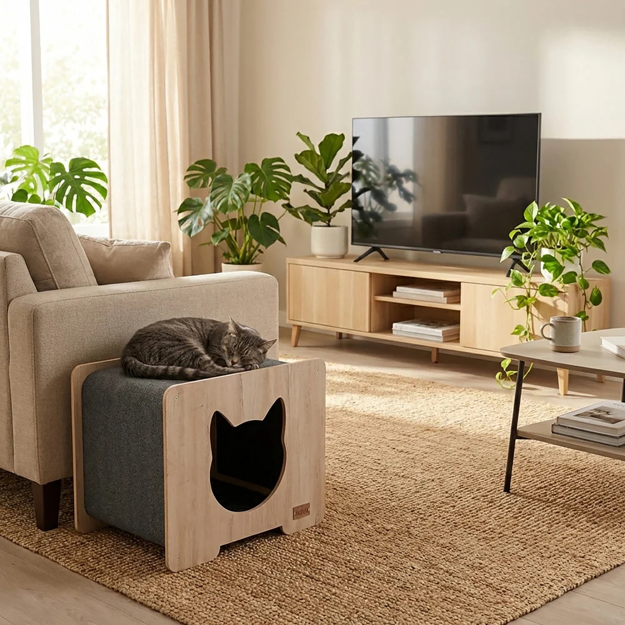 Noba: Origin Hut Hideout - Cat Head, Black - Pet-Kitten House, 20 x 16" Wooden Lounge, Scratchable Carpet Sides, Animal Refuge Area, Climb-Play-Sleep