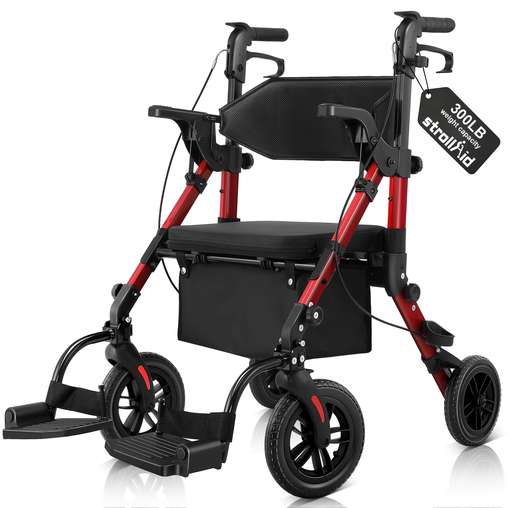 StrollAid Rollator Walkers for Seniors with Seat, Walker Wheelchair Combo, 2 in 1 Rolling Walker Transport Wheelchair Lightweight Foldable, 10" Big Wheels Transport Chair with Brakes, Red