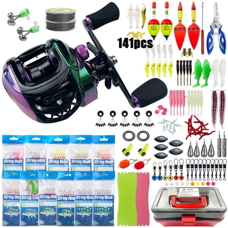 All-in-One Fishing Tackle Kit with Baitcaster Reel 7.2:1 19+1BB Complete Fishing Set with Bait Rigs Winding Board Sinkers Float Soft Lures Swivels and Pliers for Freshwater & Saltwater